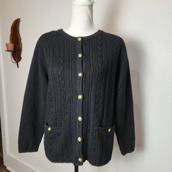 VINTAGE Talbots Petites Women's 100% Pure Wool Cable Knit Gold Button Cardigan - Picture 1 of 11